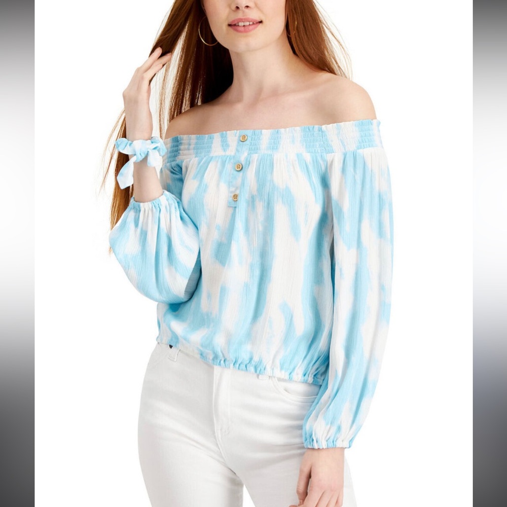 🔴 4/$15 Boutique coral & white tie dye crepey off-shoulder blouson top sz S NWT - Picture 2 of 15